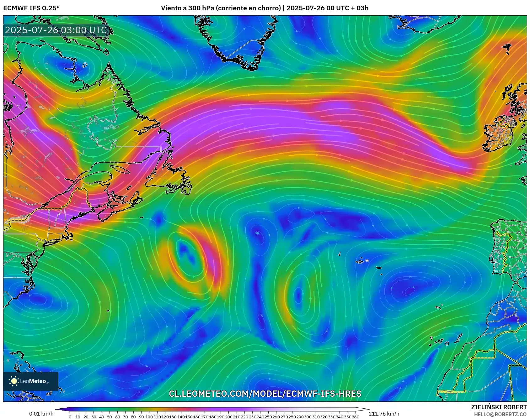 ECMWF IFS 0.25° model - Norte Atlántico, Viento a 300 hPa (corriente en chorro)