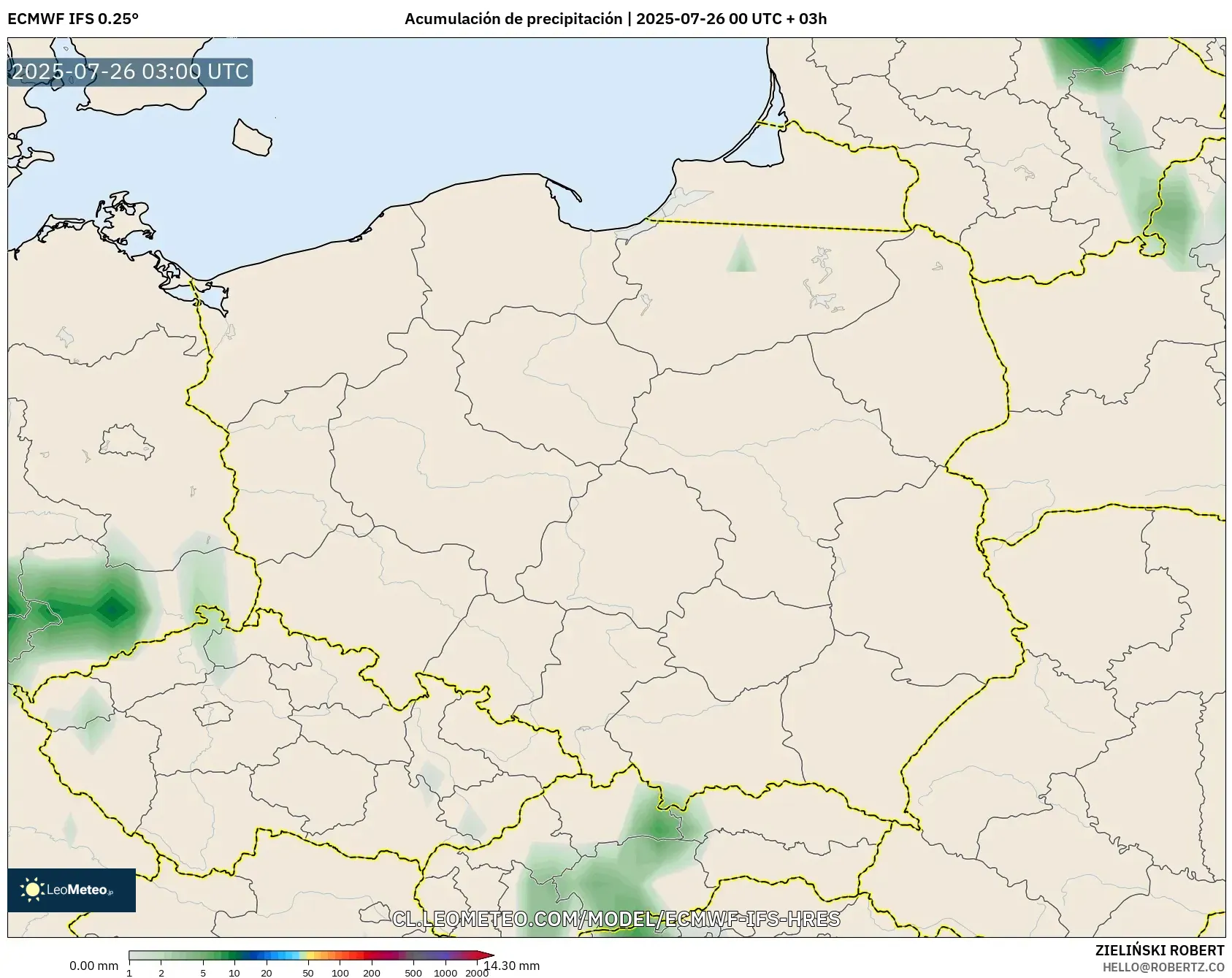 ECMWF IFS 0.25° model - Polonia, Acumulación de precipitación