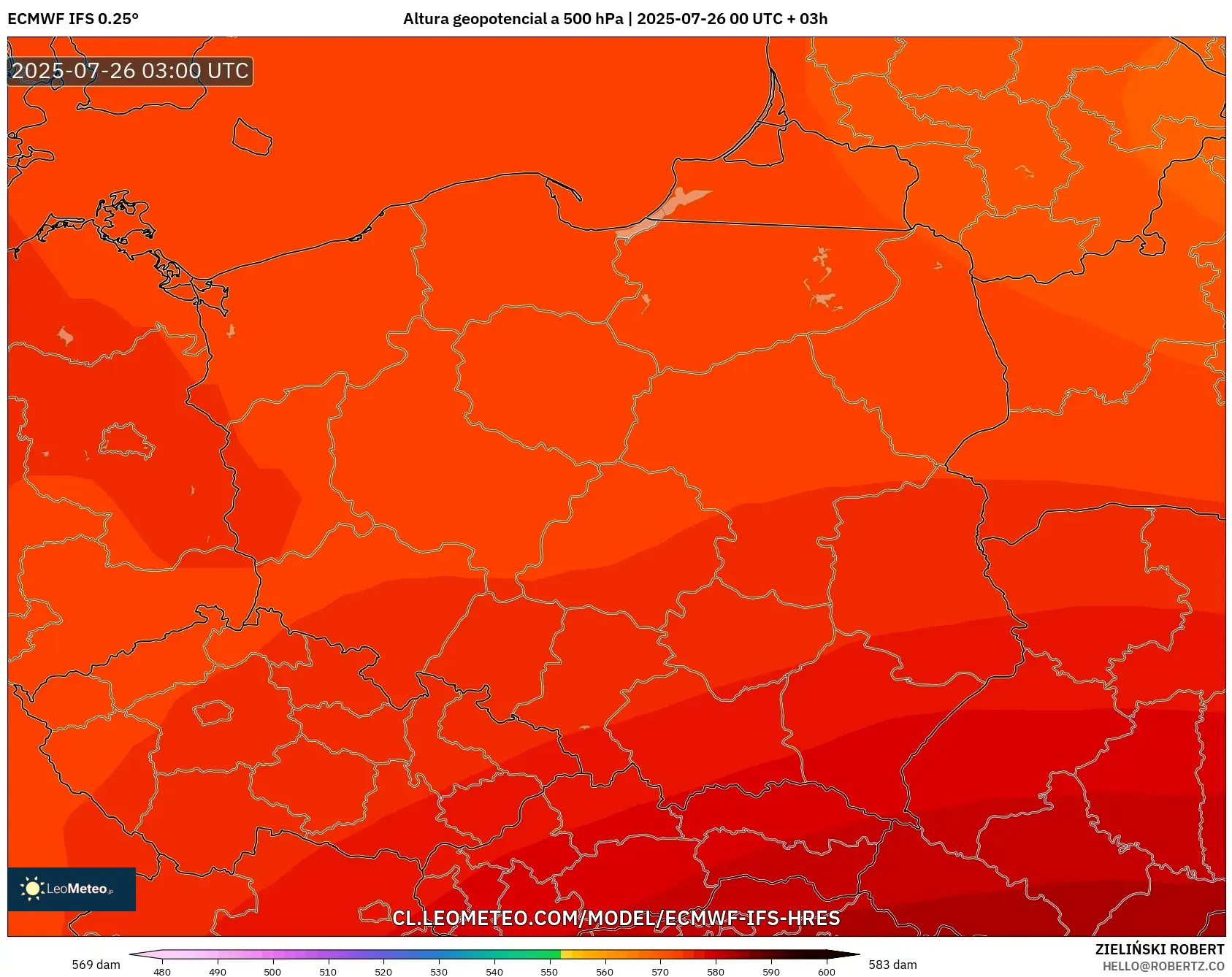 ECMWF IFS 0.25° model - Polonia, Altura geopotencial a 500 hPa