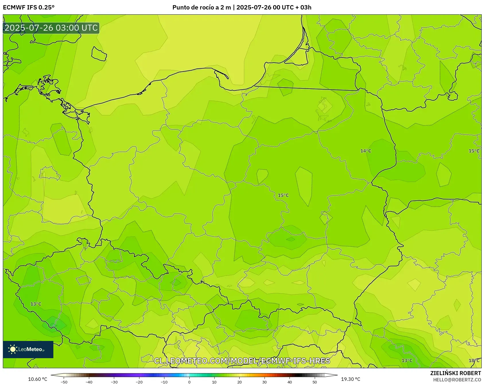 ECMWF IFS 0.25° model - Polonia, Punto de rocío a 2 m