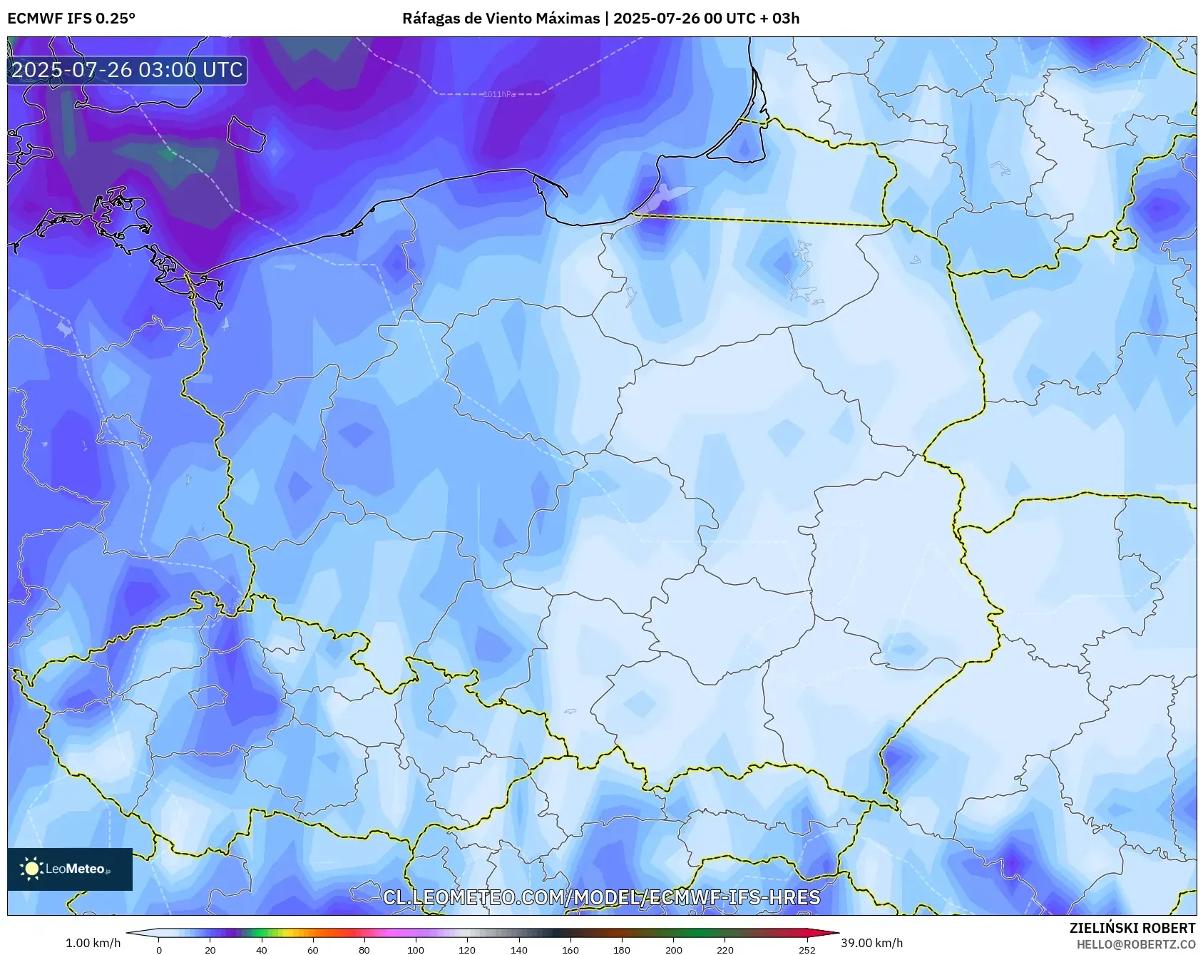 ECMWF IFS 0.25° model - Polonia, Ráfagas de Viento Máximas
