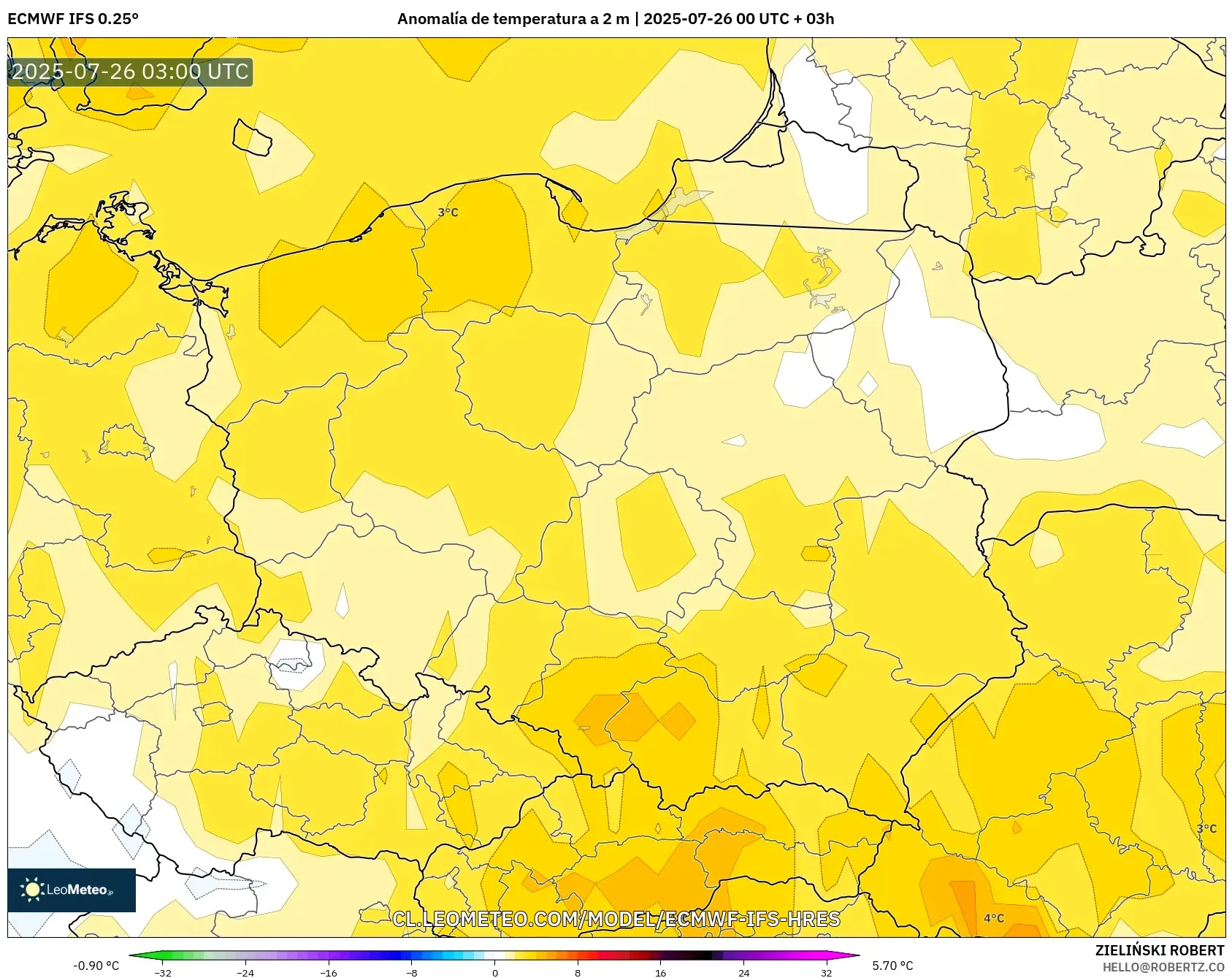ECMWF IFS 0.25° model - Polonia, Anomalía de temperatura a 2 m