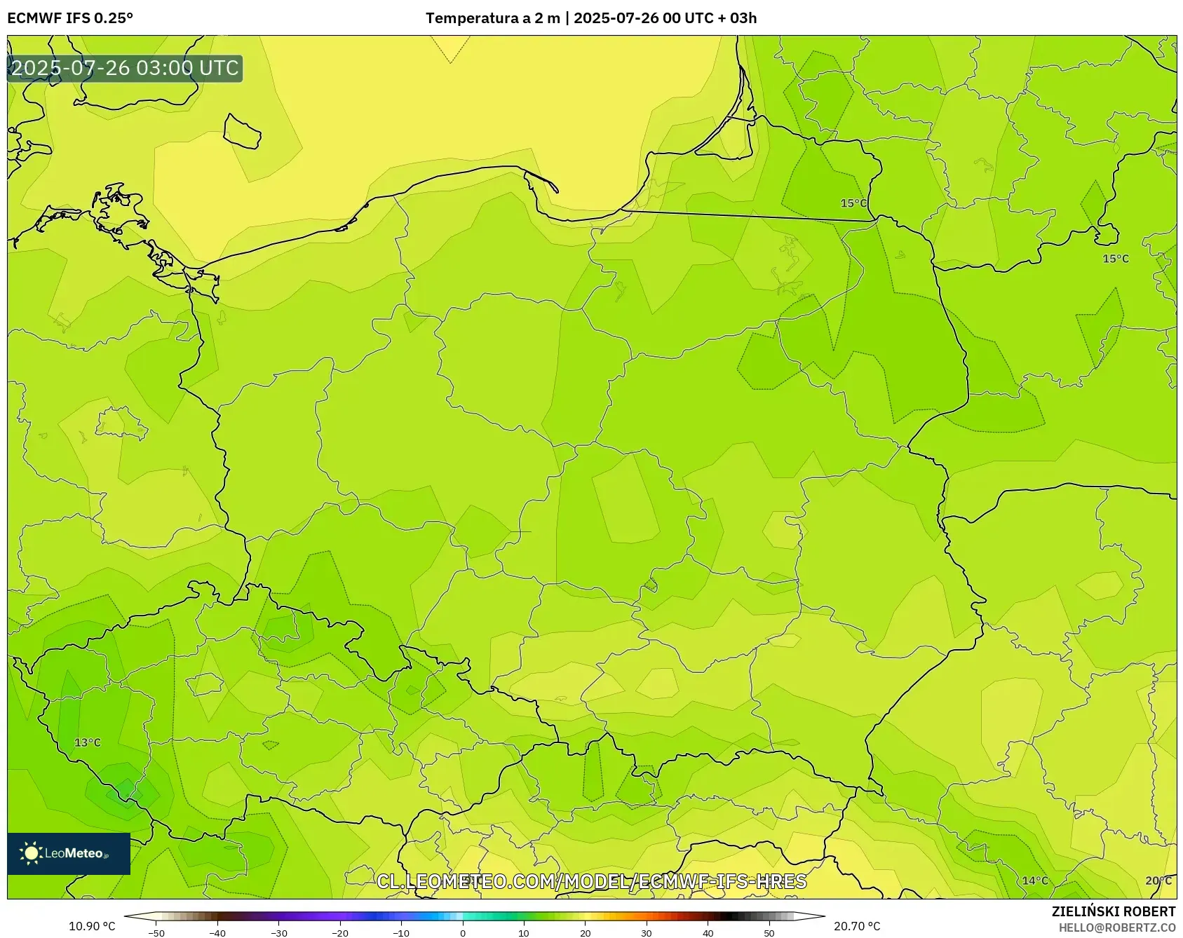 ECMWF IFS 0.25° model - Polonia, Temperatura a 2 m