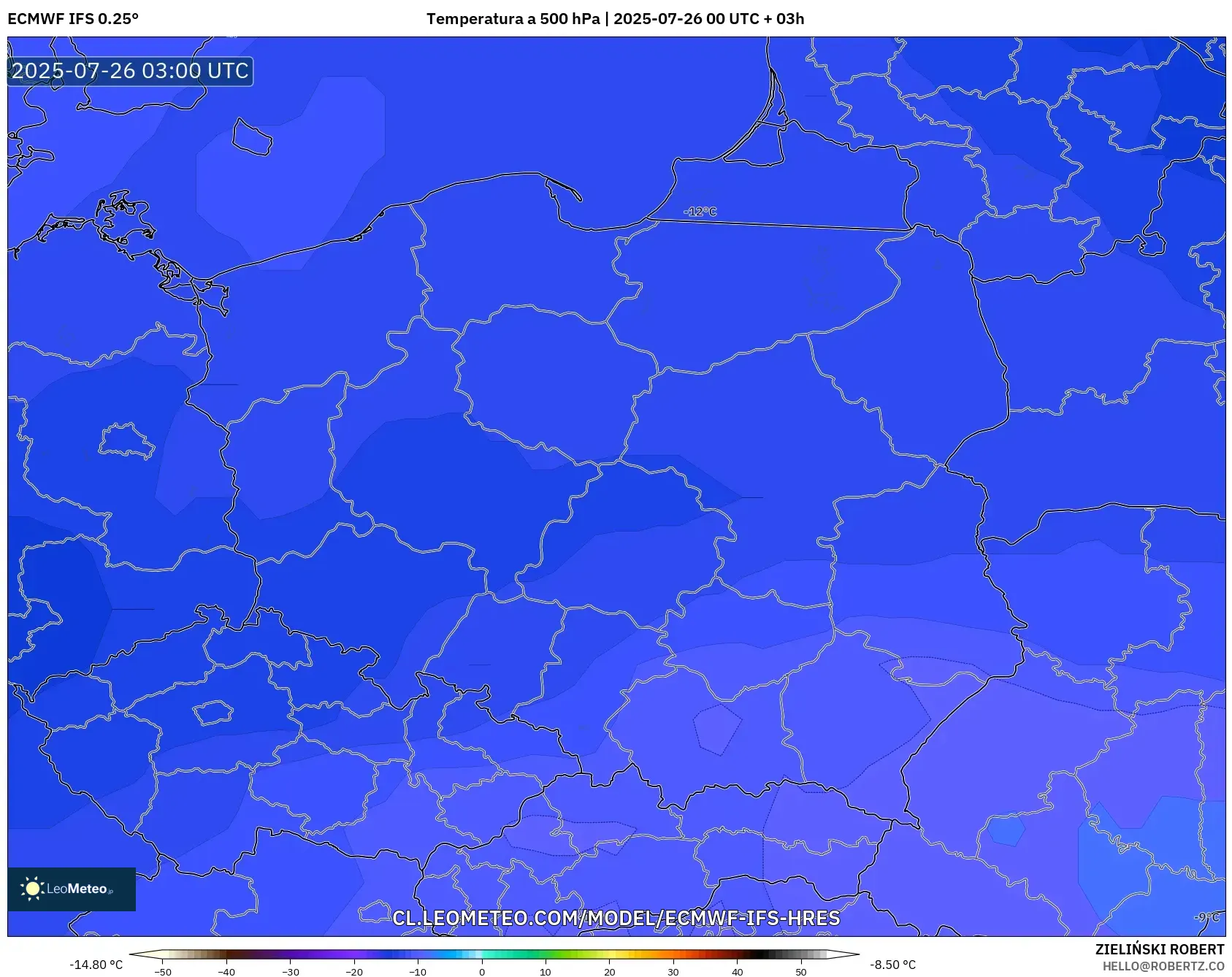 ECMWF IFS 0.25° model - Polonia, Temperatura a 500 hPa