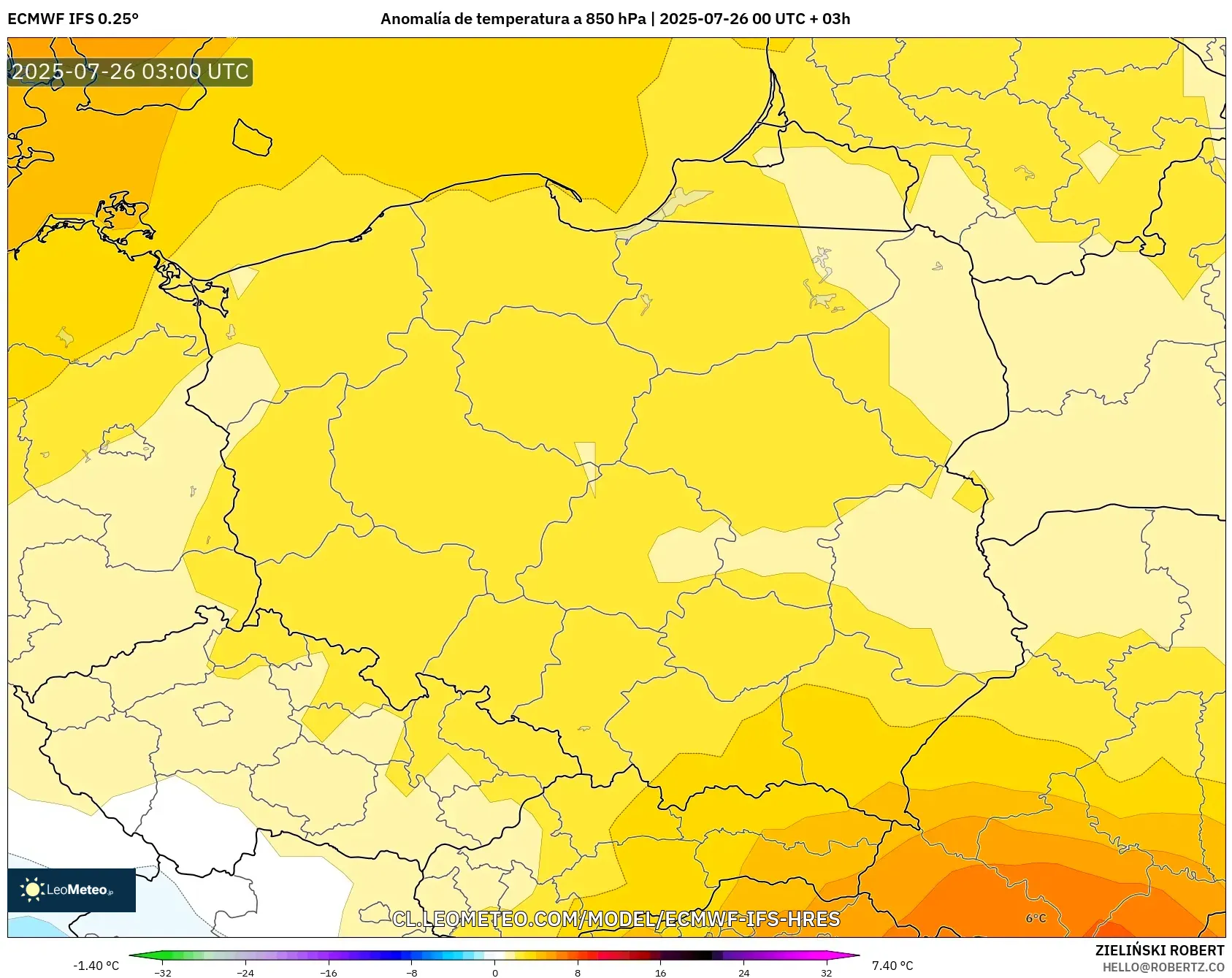ECMWF IFS 0.25° model - Polonia, Anomalía de temperatura a 850 hPa