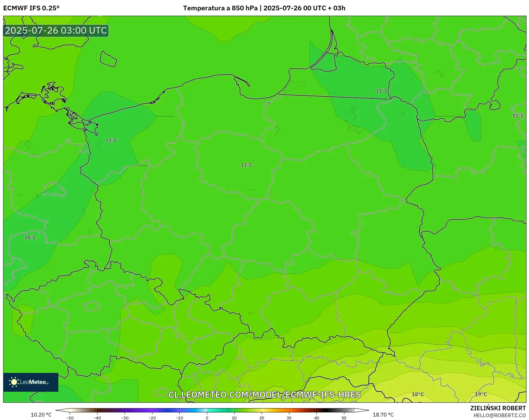 ECMWF IFS 0.25° model - Polonia, Temperatura a 850 hPa