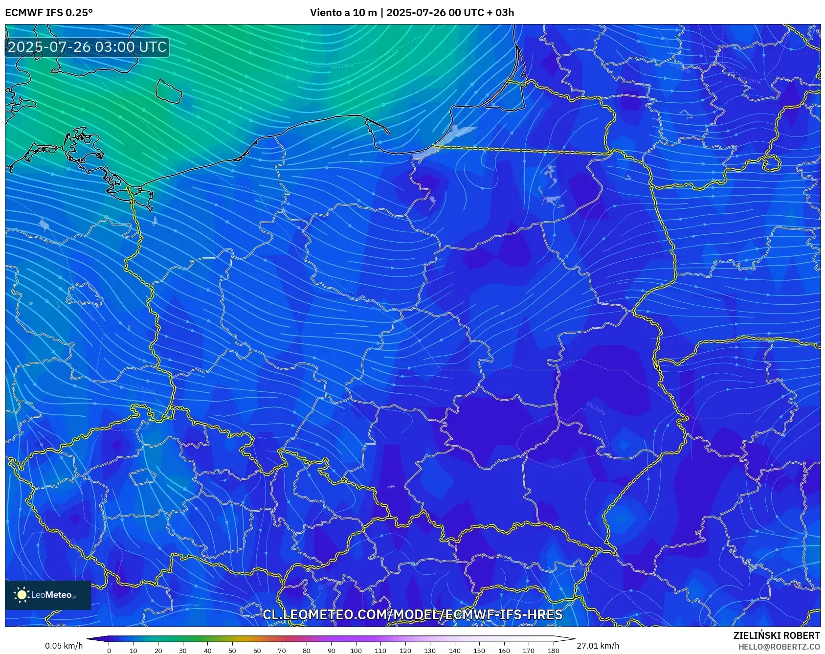 ECMWF IFS 0.25° model - Polonia, Viento a 10 m