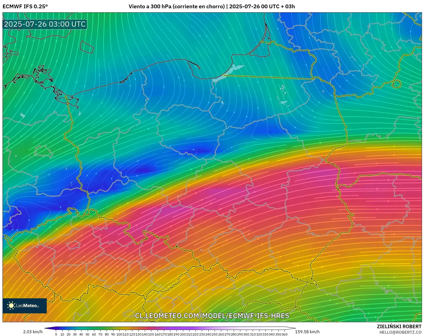ECMWF IFS 0.25° model - Polonia, Viento a 300 hPa (corriente en chorro)