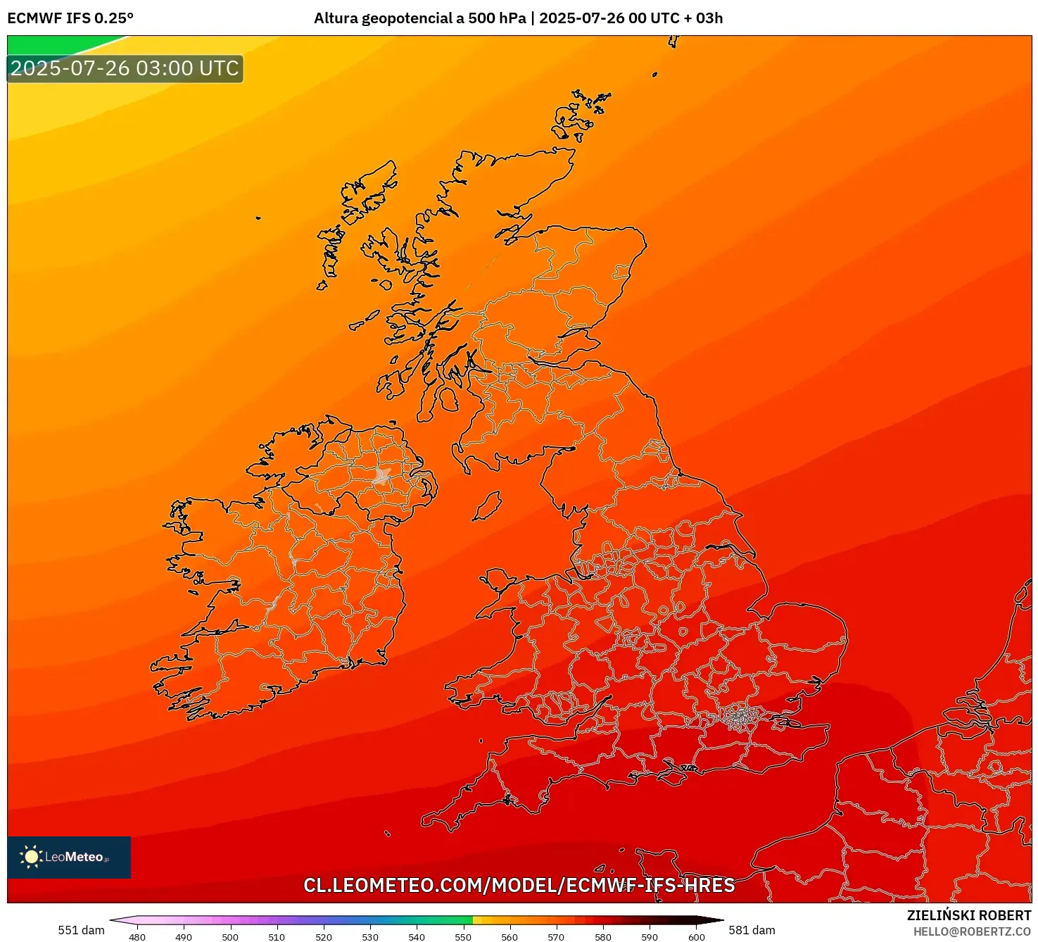 ECMWF IFS 0.25° model - Reino Unido, Altura geopotencial a 500 hPa