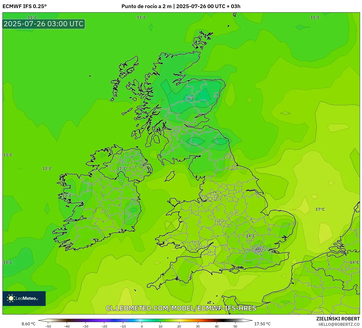 ECMWF IFS 0.25° model - Reino Unido, Punto de rocío a 2 m