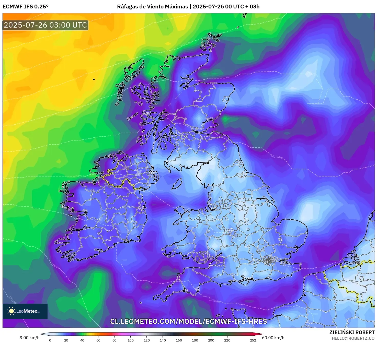 ECMWF IFS 0.25° model - Reino Unido, Ráfagas de Viento Máximas