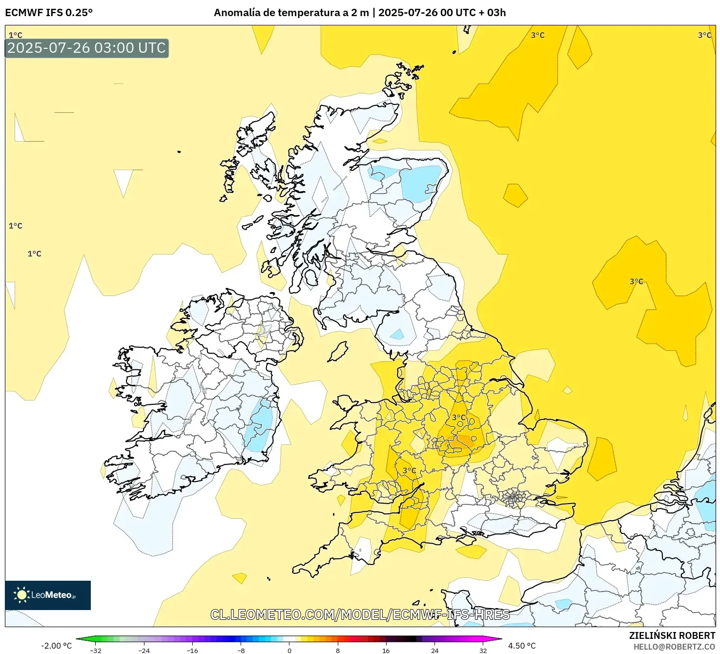 ECMWF IFS 0.25° model - Reino Unido, Anomalía de temperatura a 2 m