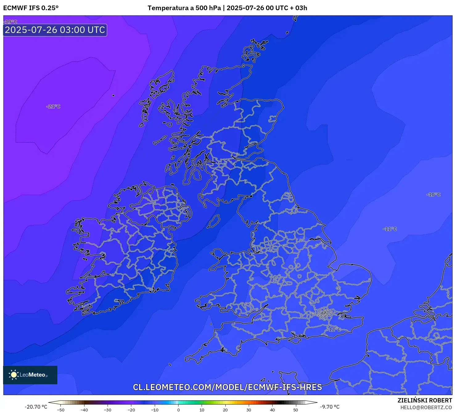 ECMWF IFS 0.25° model - Reino Unido, Temperatura a 500 hPa
