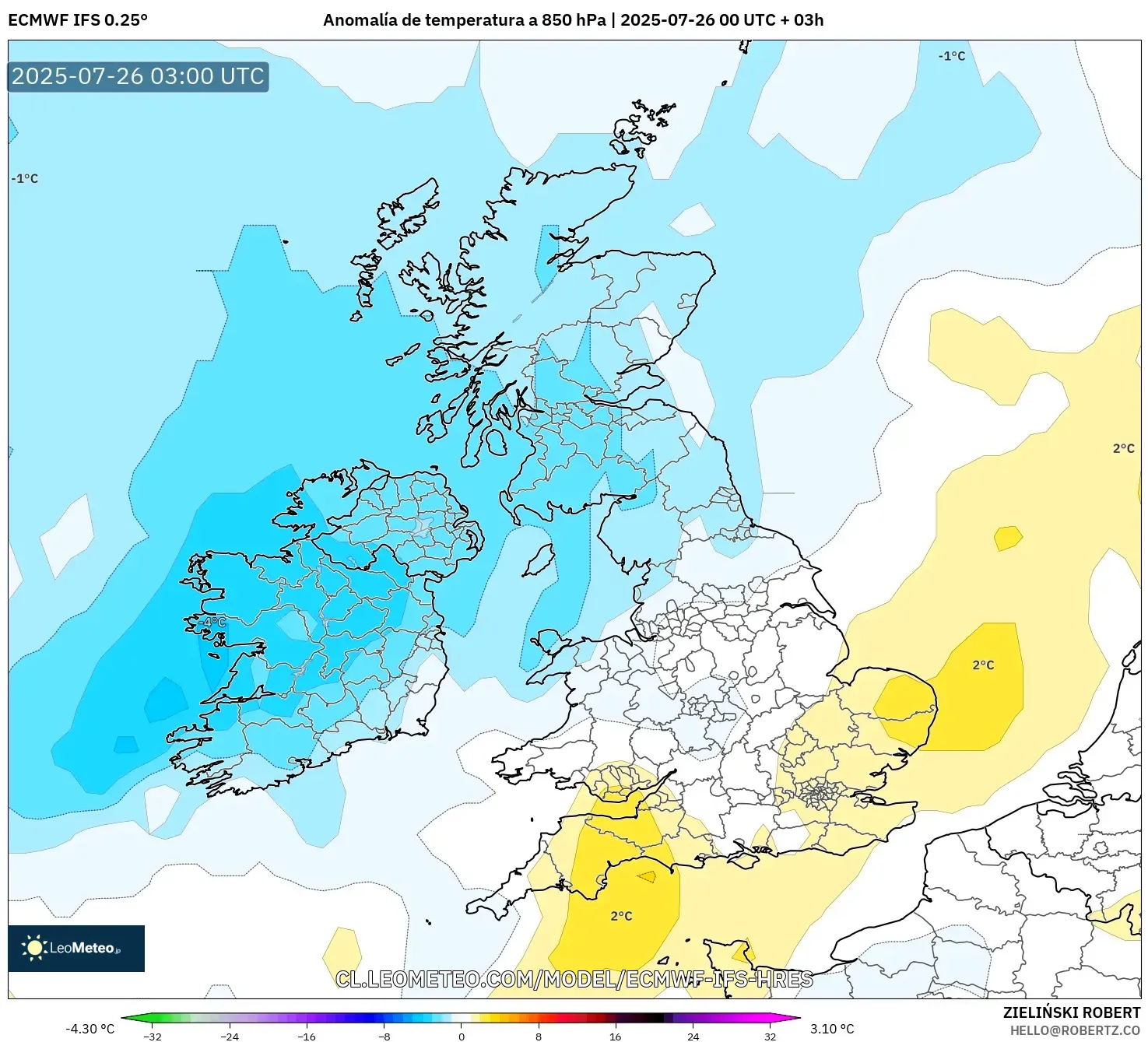 ECMWF IFS 0.25° model - Reino Unido, Anomalía de temperatura a 850 hPa