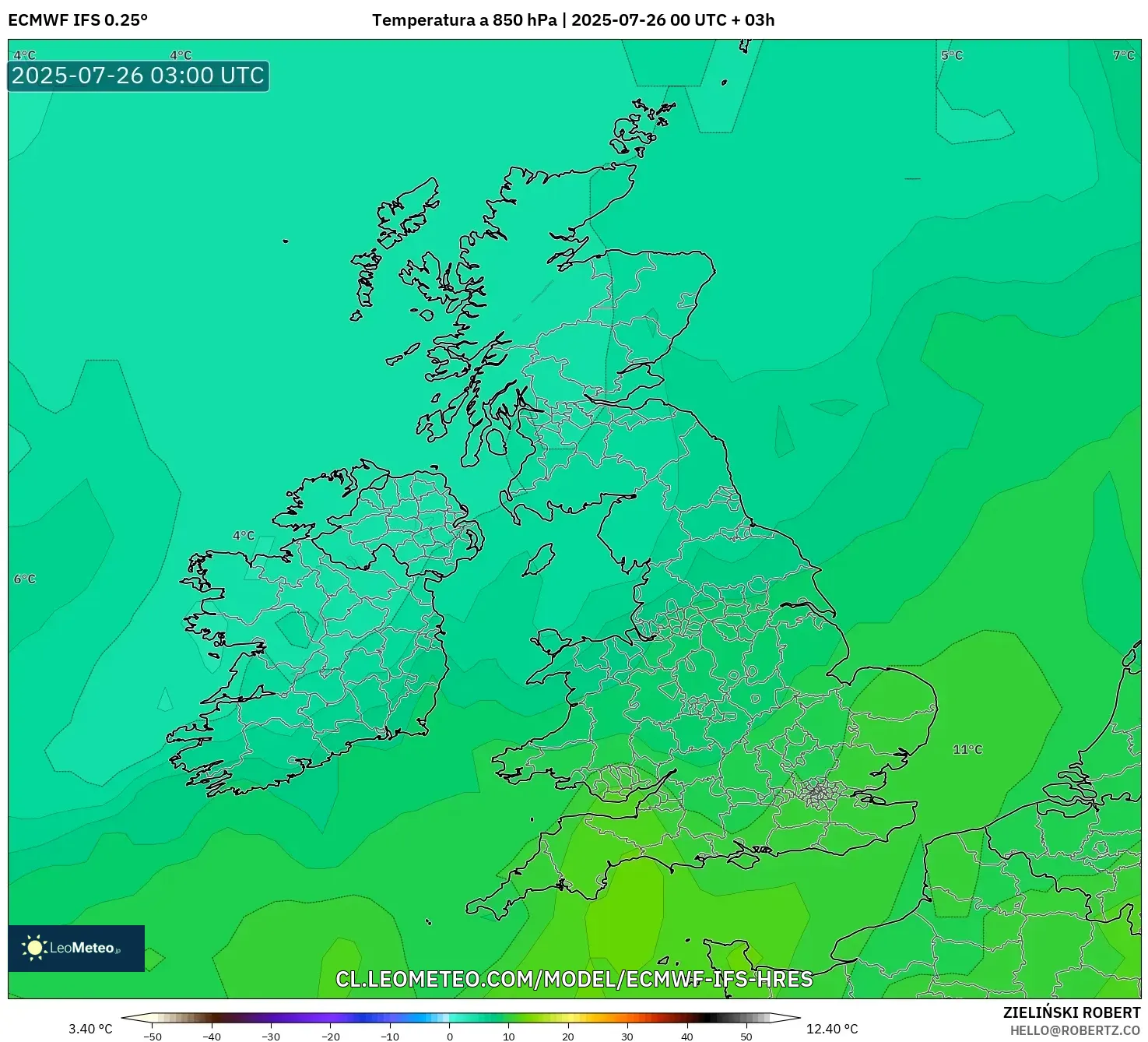 ECMWF IFS 0.25° model - Reino Unido, Temperatura a 850 hPa