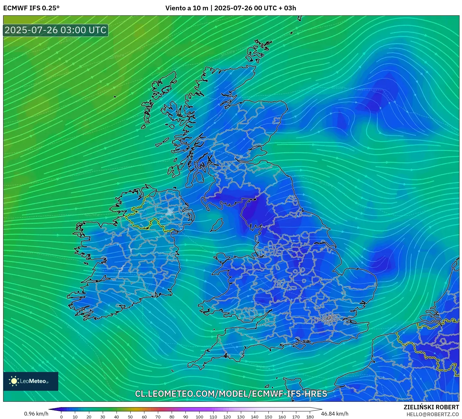 ECMWF IFS 0.25° model - Reino Unido, Viento a 10 m