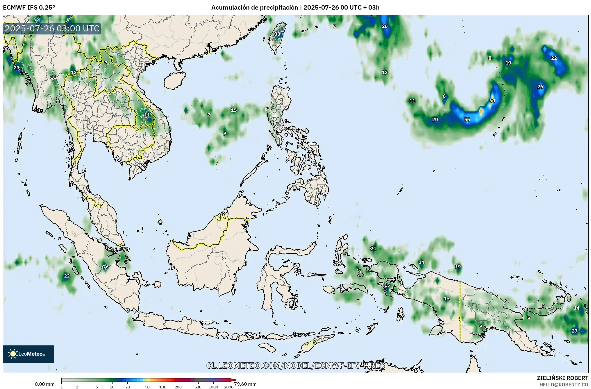 ECMWF IFS 0.25° model - Sudeste Asiático, Acumulación de precipitación