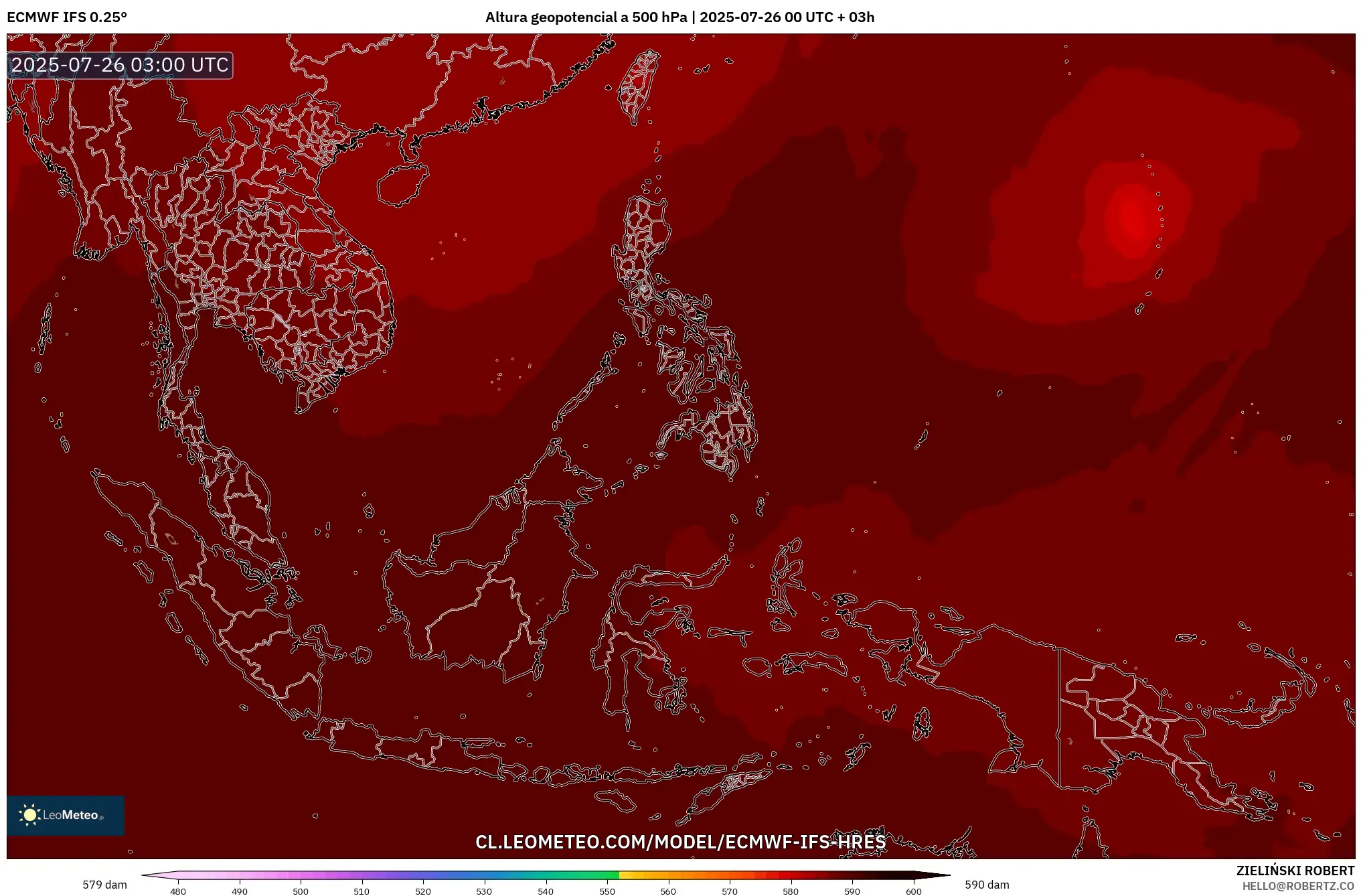 ECMWF IFS 0.25° model - Sudeste Asiático, Altura geopotencial a 500 hPa