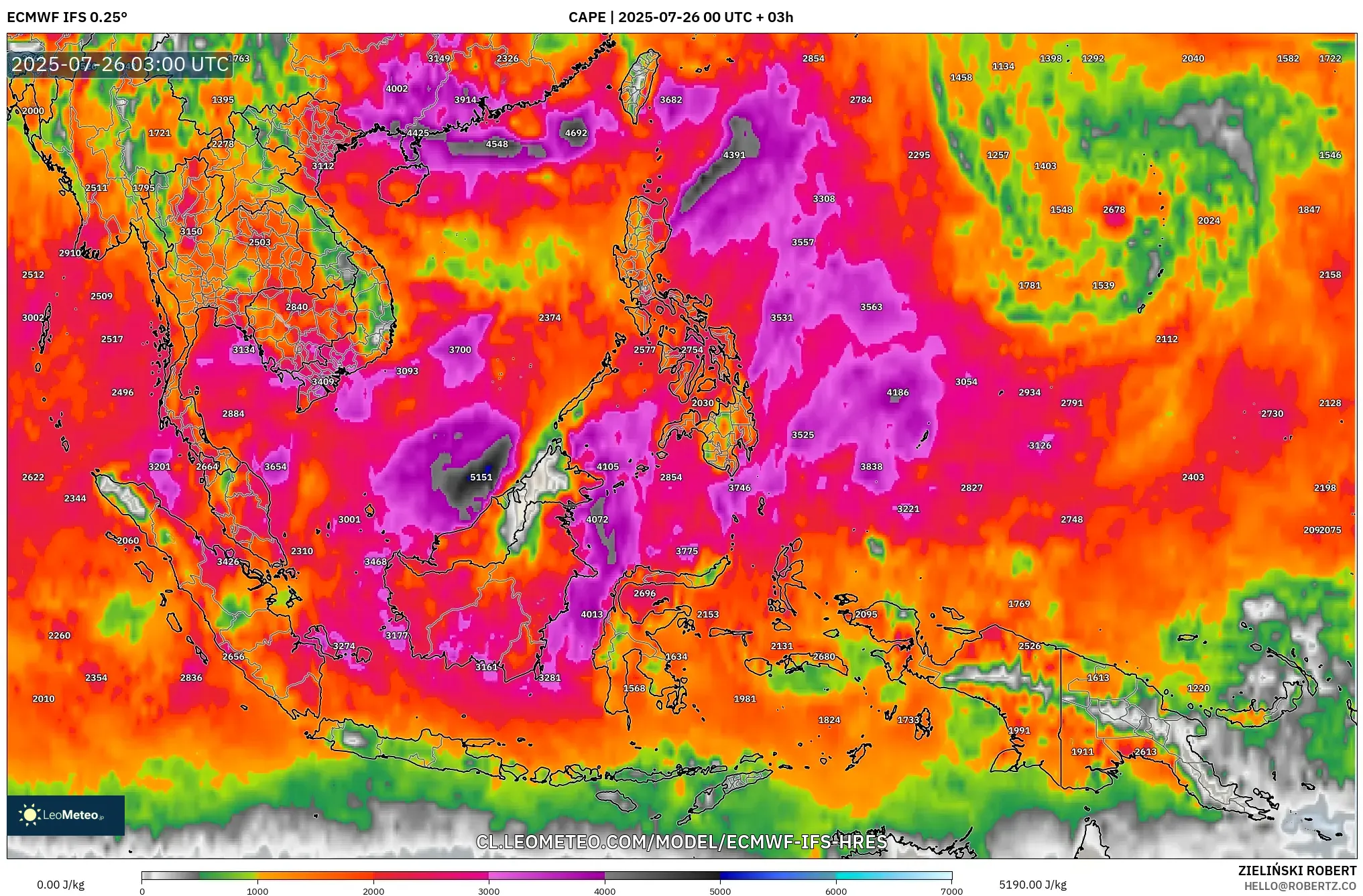 ECMWF IFS 0.25° model - Sudeste Asiático, CAPE