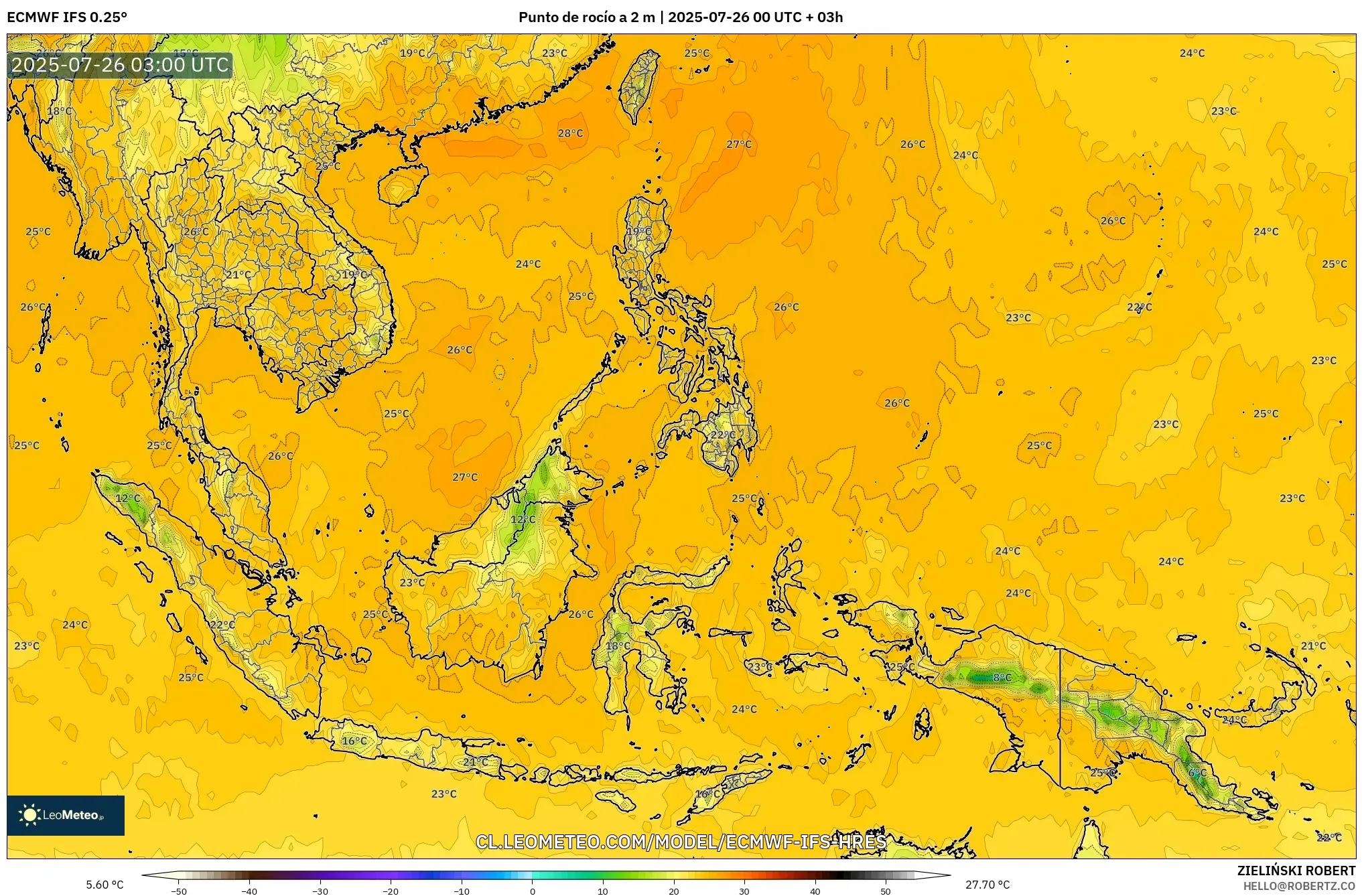 ECMWF IFS 0.25° model - Sudeste Asiático, Punto de rocío a 2 m