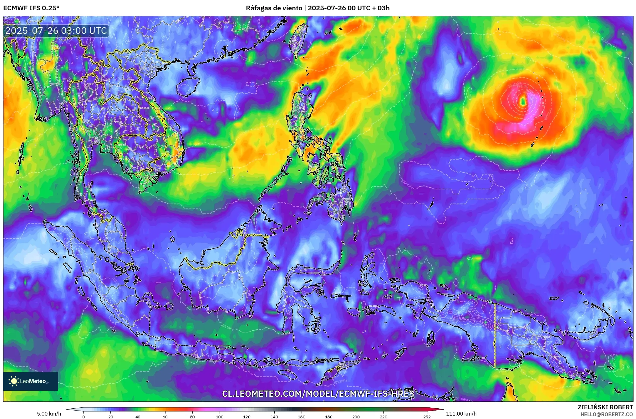 ECMWF IFS 0.25° model - Sudeste Asiático, Ráfagas de viento