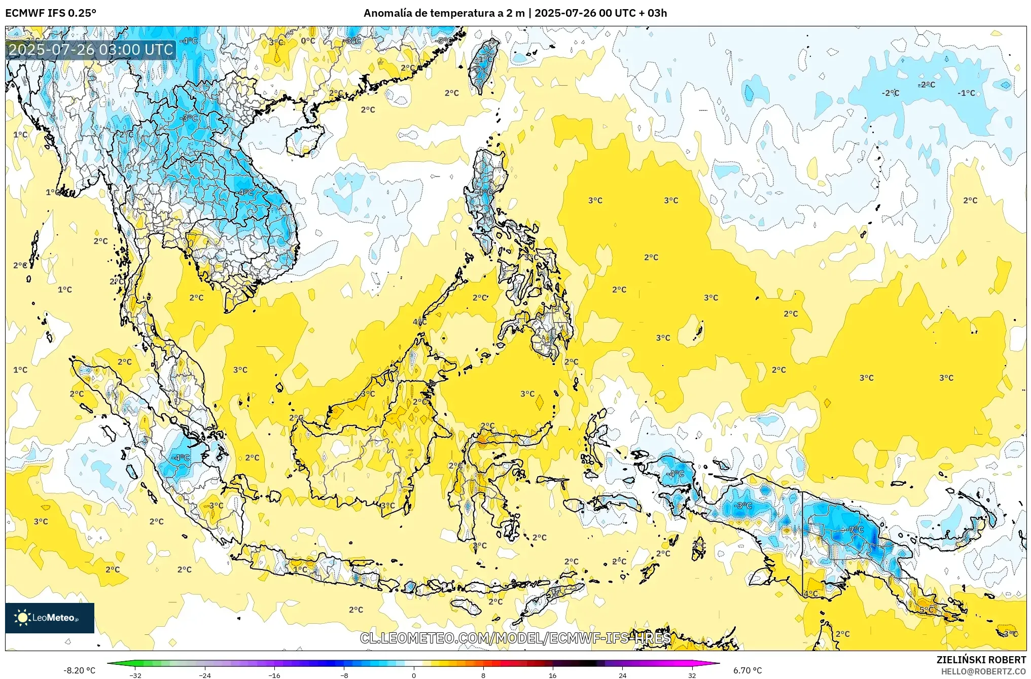 ECMWF IFS 0.25° model - Sudeste Asiático, Anomalía de temperatura a 2 m
