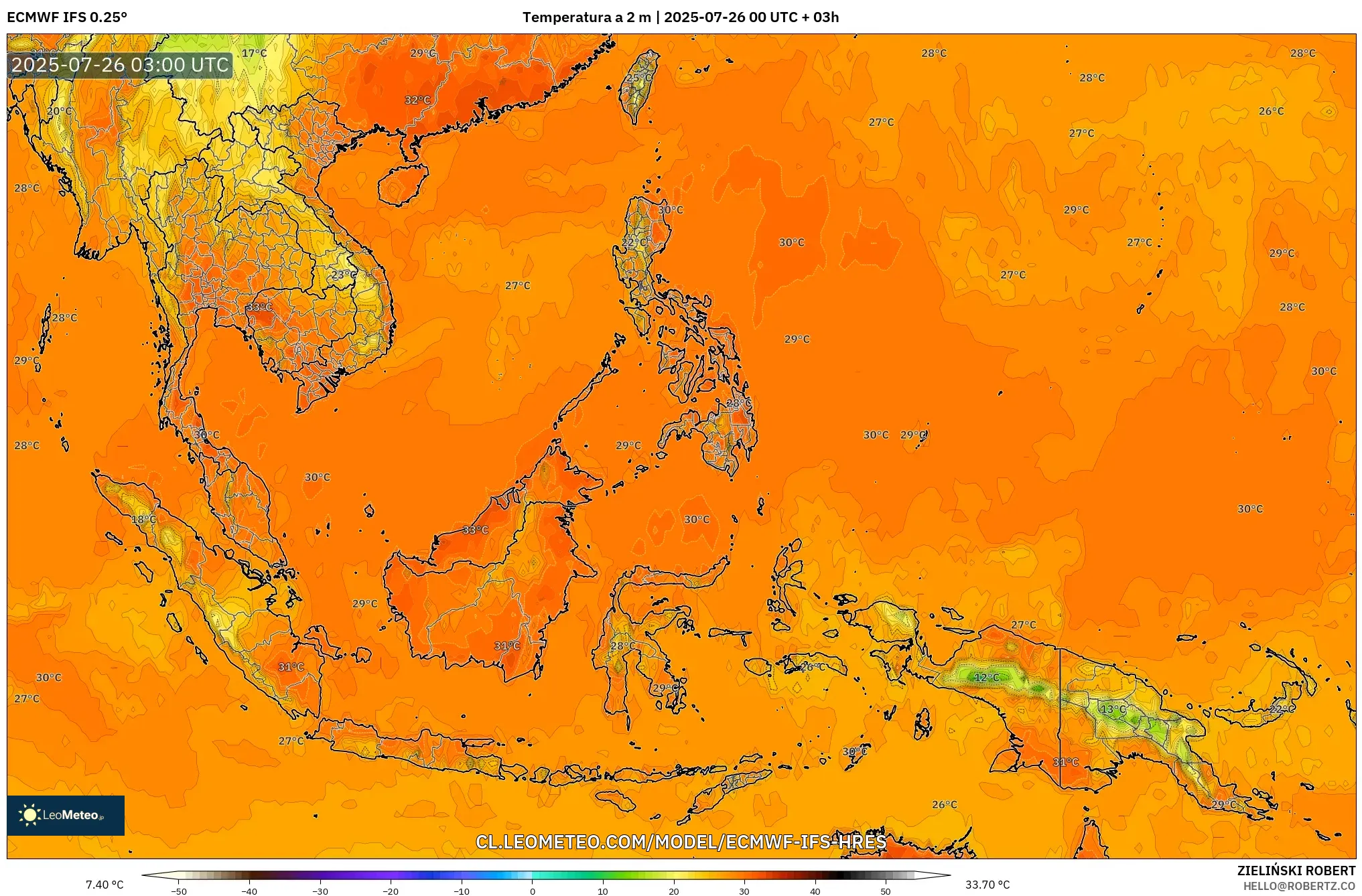 ECMWF IFS 0.25° model - Sudeste Asiático, Temperatura a 2 m