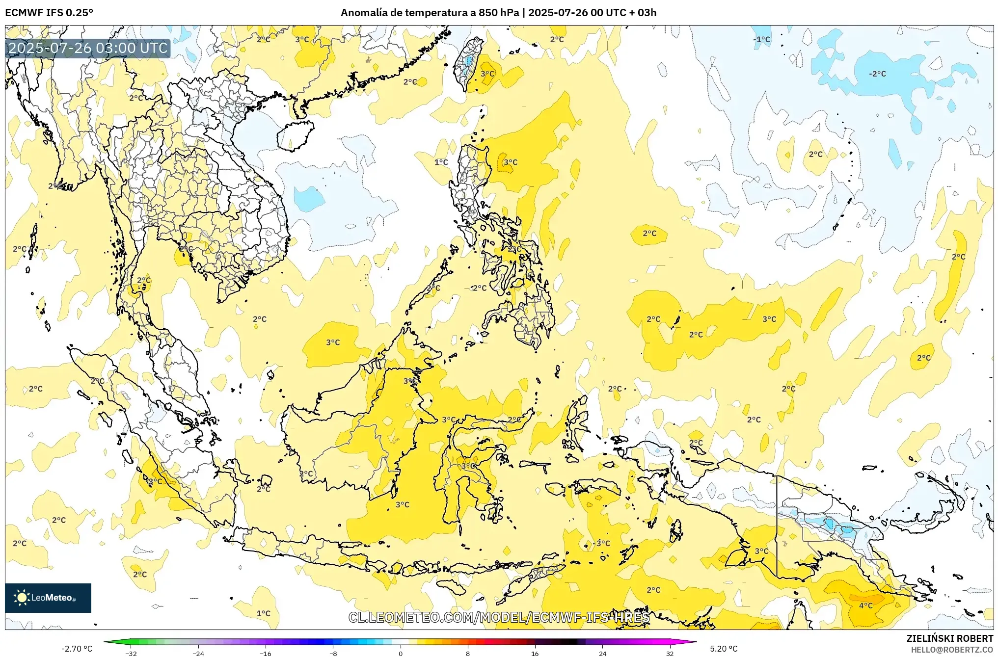 ECMWF IFS 0.25° model - Sudeste Asiático, Anomalía de temperatura a 850 hPa