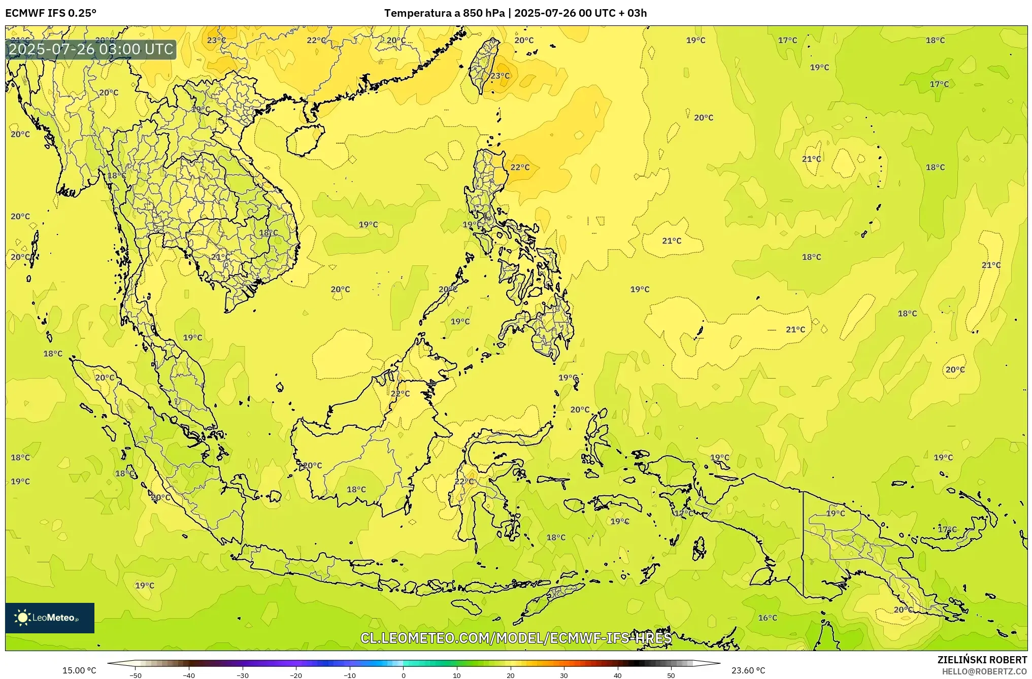 ECMWF IFS 0.25° model - Sudeste Asiático, Temperatura a 850 hPa