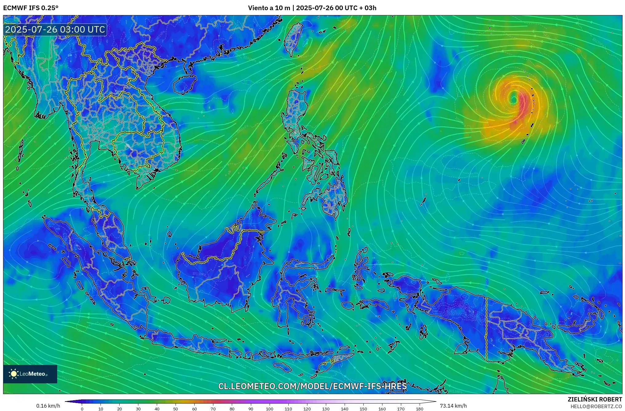 ECMWF IFS 0.25° model - Sudeste Asiático, Viento a 10 m