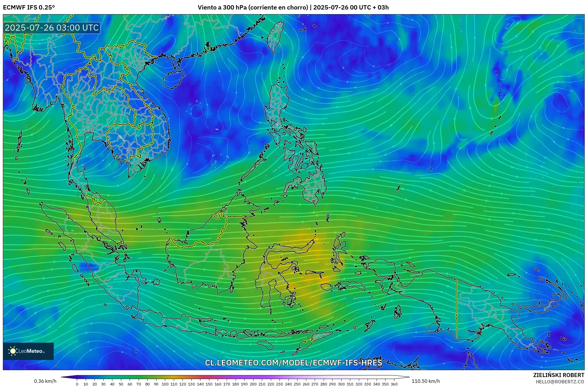 ECMWF IFS 0.25° model - Sudeste Asiático, Viento a 300 hPa (corriente en chorro)