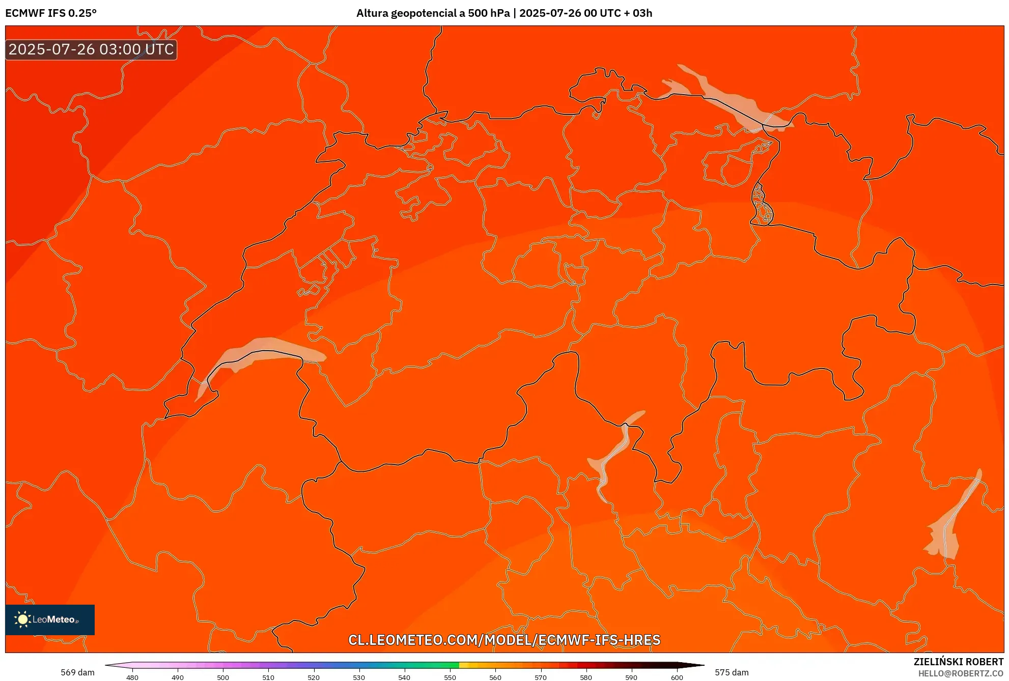 ECMWF IFS 0.25° model - Suiza, Altura geopotencial a 500 hPa