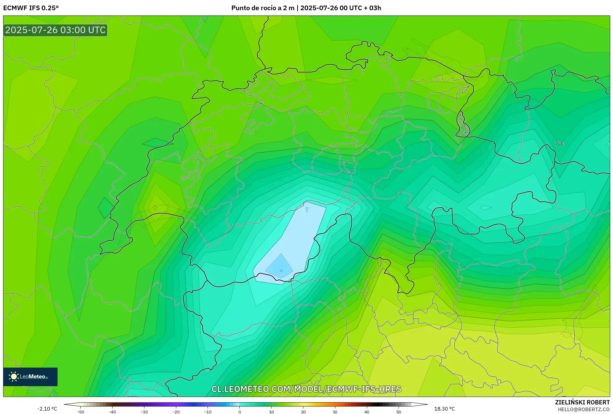 ECMWF IFS 0.25° model - Suiza, Punto de rocío a 2 m