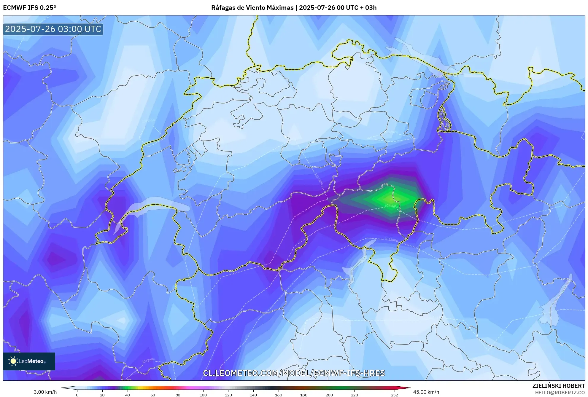 ECMWF IFS 0.25° model - Suiza, Ráfagas de Viento Máximas