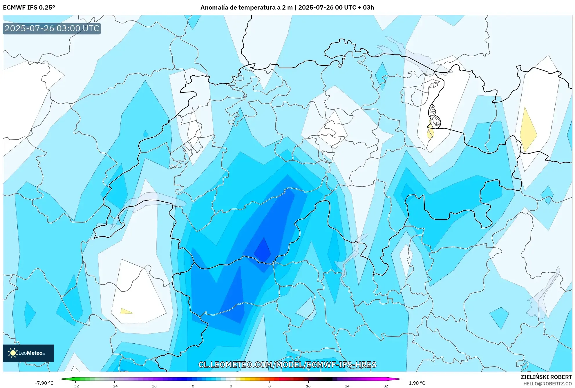 ECMWF IFS 0.25° model - Suiza, Anomalía de temperatura a 2 m
