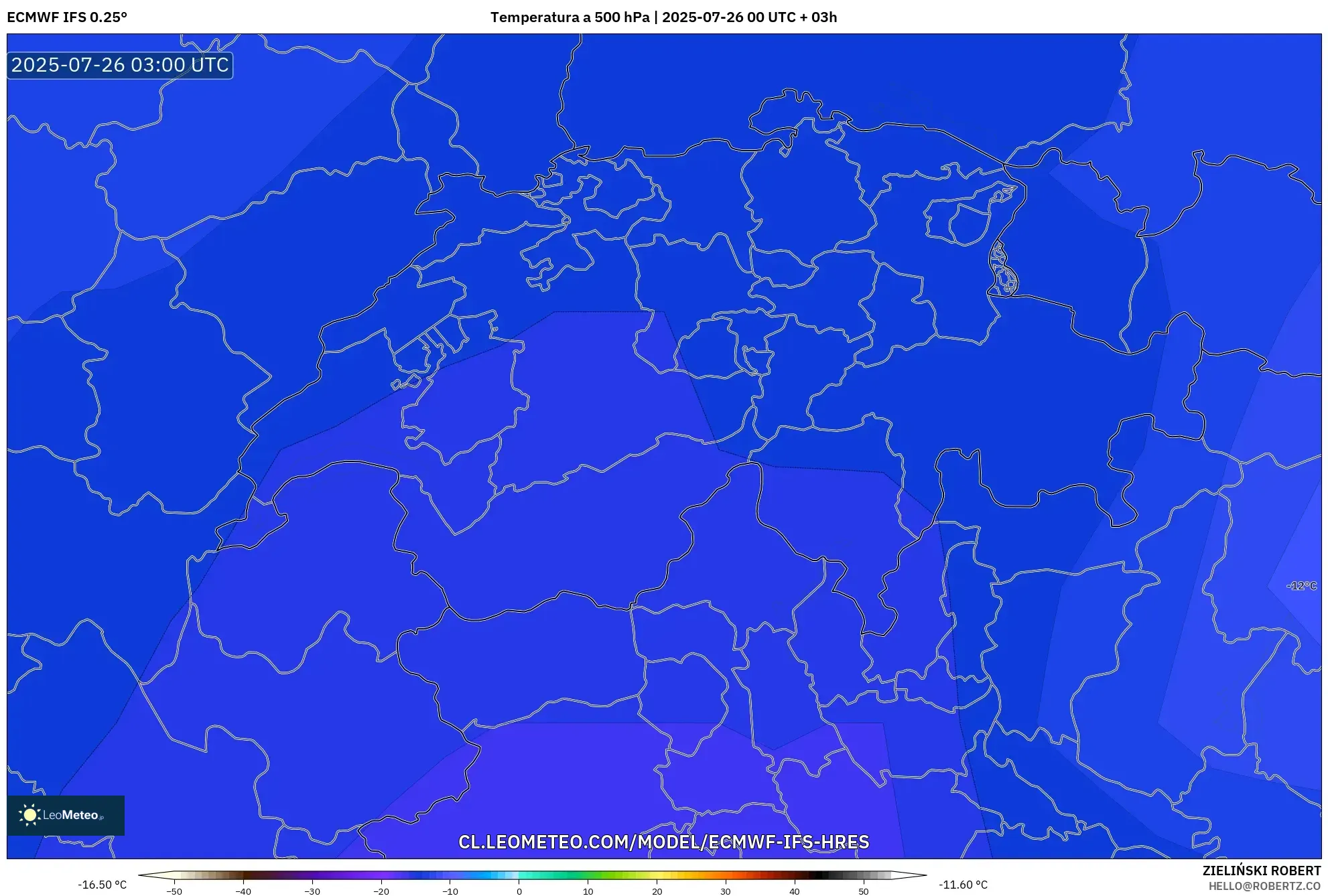 ECMWF IFS 0.25° model - Suiza, Temperatura a 500 hPa