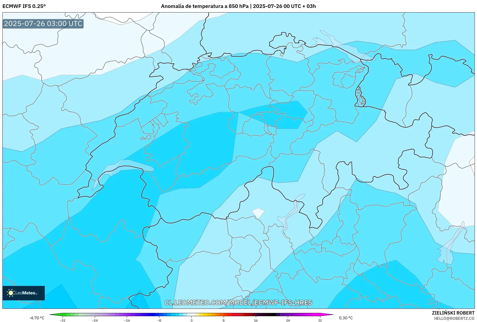 ECMWF IFS 0.25° model - Suiza, Anomalía de temperatura a 850 hPa