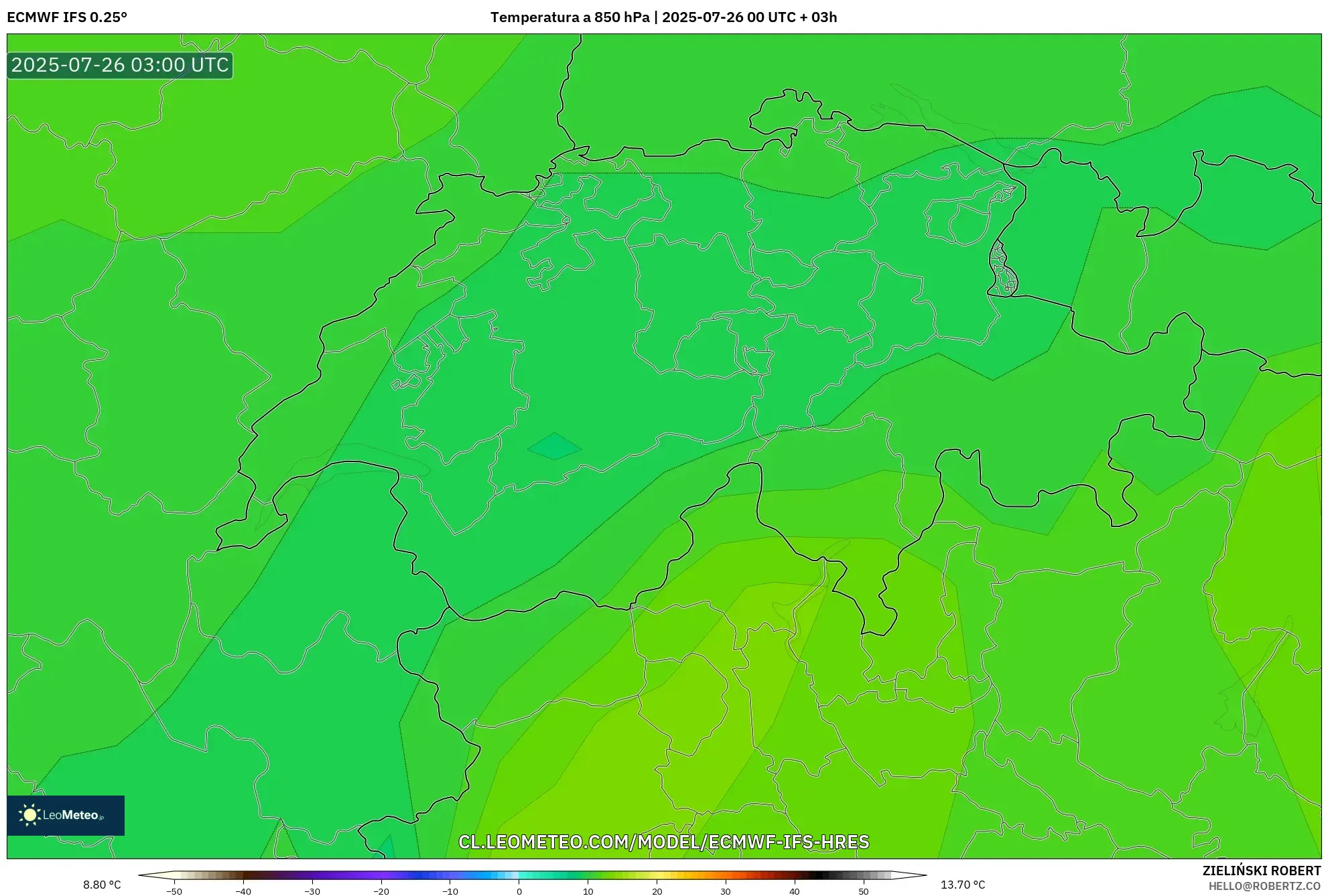 ECMWF IFS 0.25° model - Suiza, Temperatura a 850 hPa