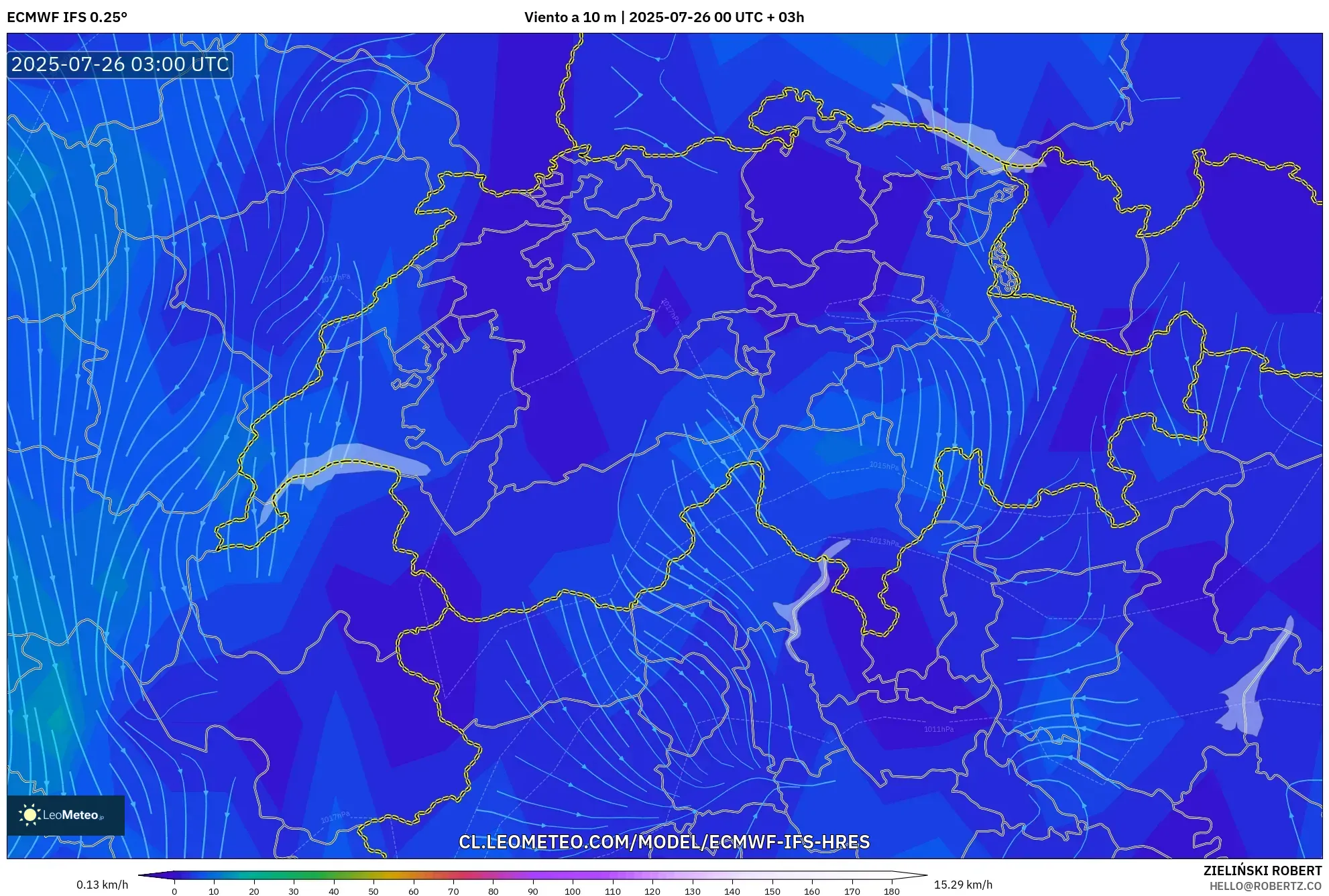 ECMWF IFS 0.25° model - Suiza, Viento a 10 m