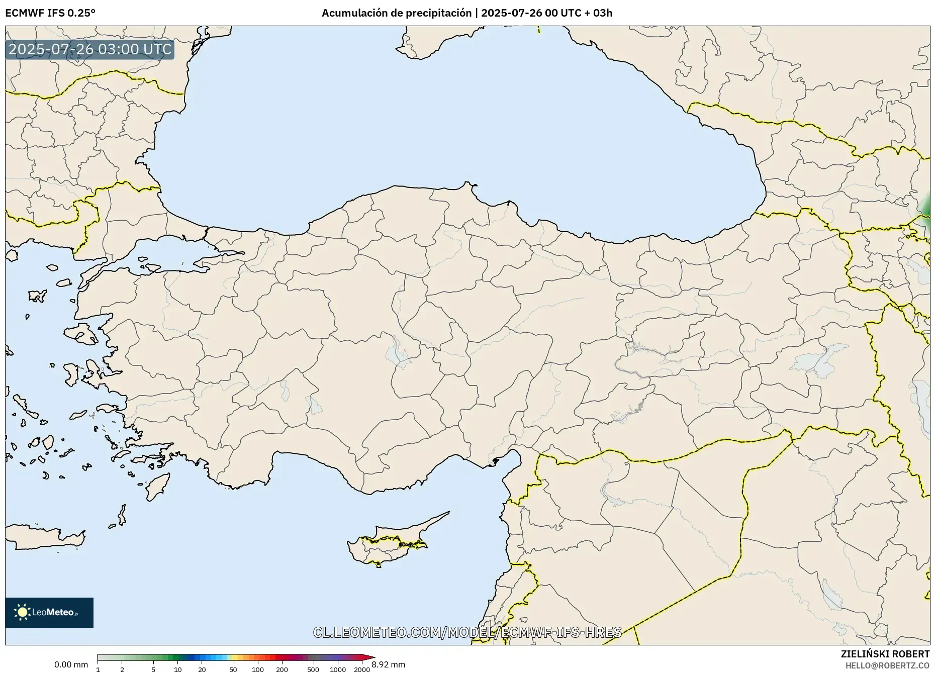 ECMWF IFS 0.25° model - Turquía, Acumulación de precipitación