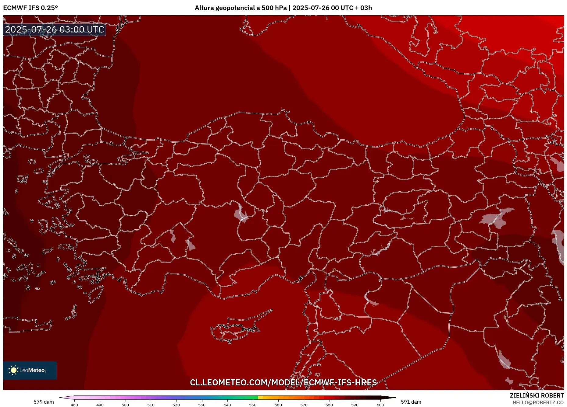 ECMWF IFS 0.25° model - Turquía, Altura geopotencial a 500 hPa