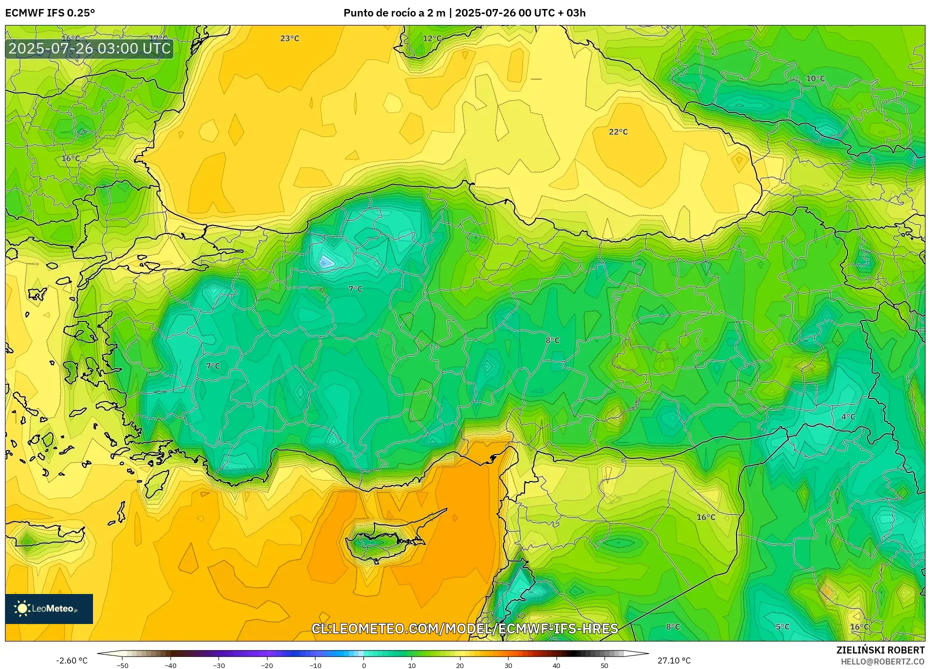 ECMWF IFS 0.25° model - Turquía, Punto de rocío a 2 m
