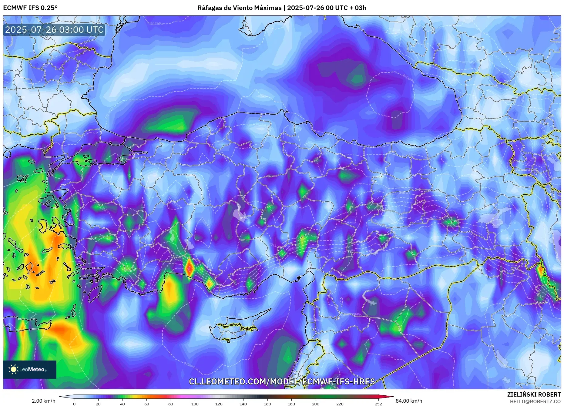 ECMWF IFS 0.25° model - Turquía, Ráfagas de Viento Máximas
