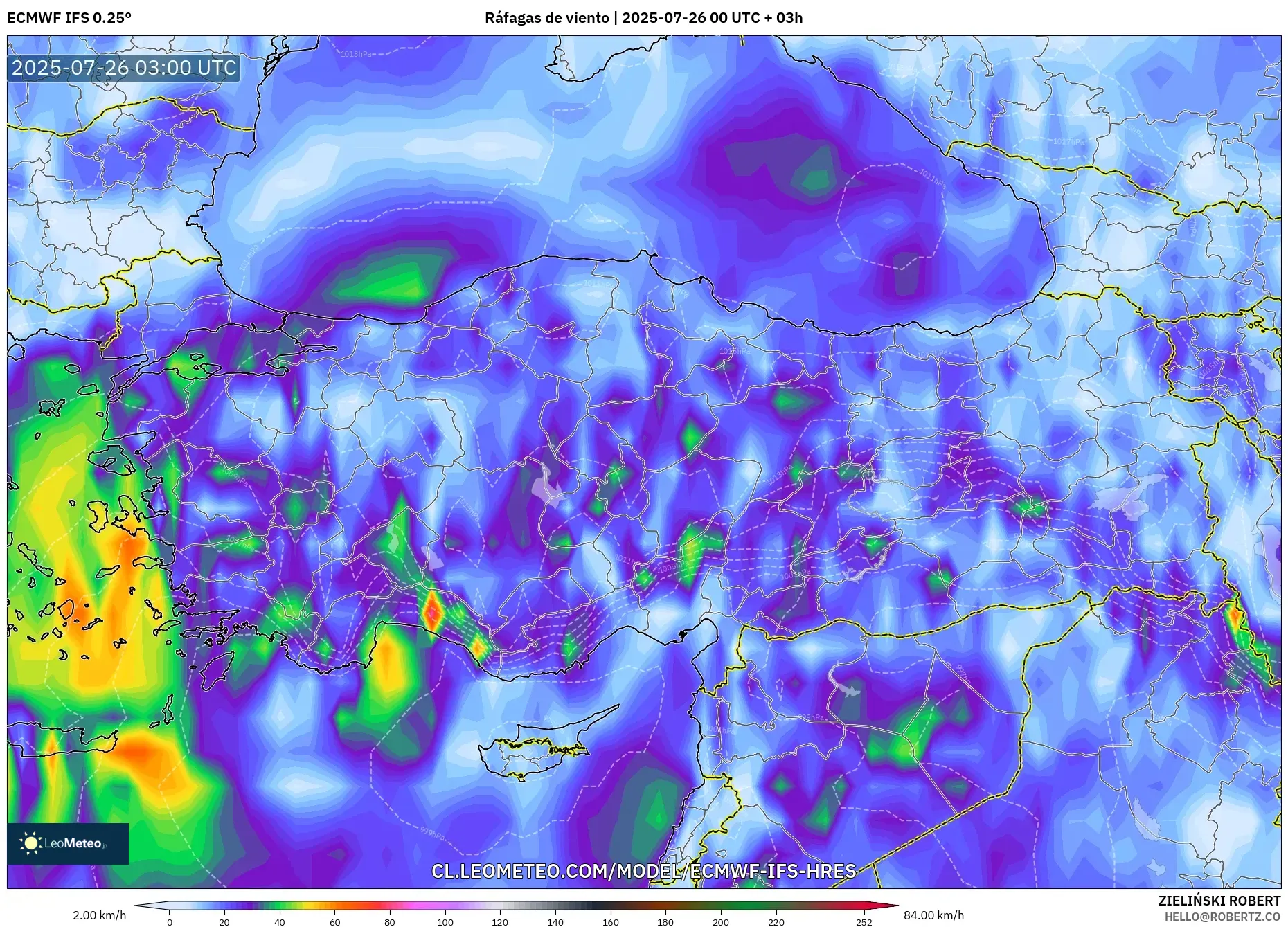 ECMWF IFS 0.25° model - Turquía, Ráfagas de viento