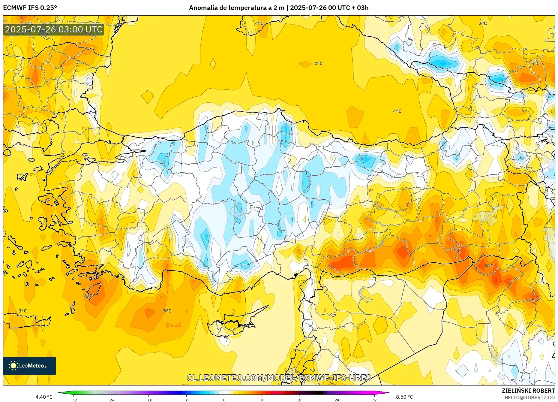 ECMWF IFS 0.25° model - Turquía, Anomalía de temperatura a 2 m