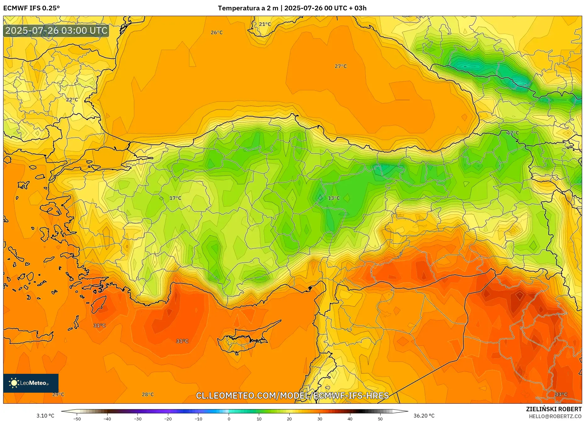 ECMWF IFS 0.25° model - Turquía, Temperatura a 2 m
