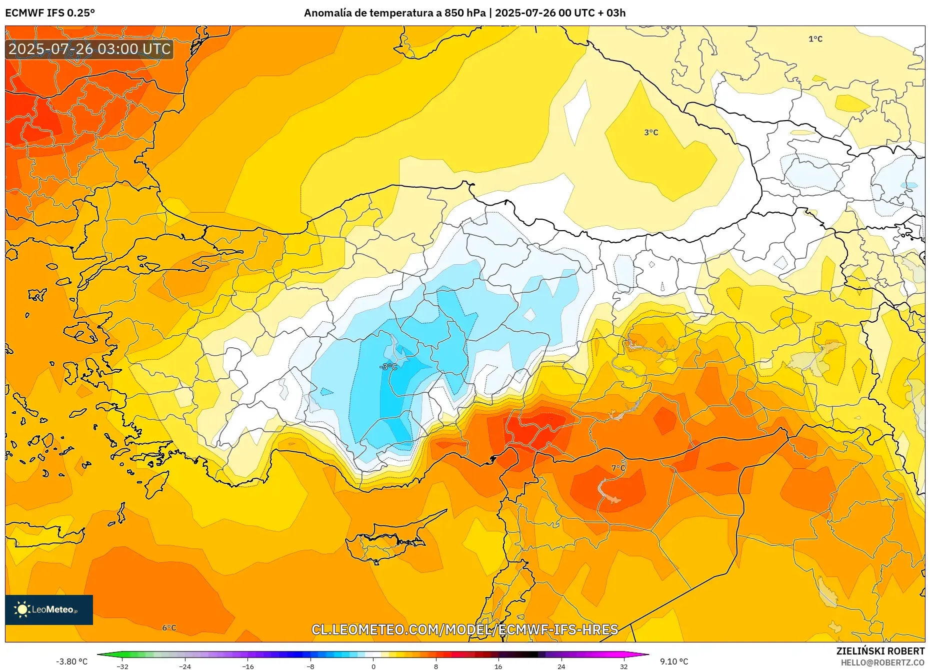 ECMWF IFS 0.25° model - Turquía, Anomalía de temperatura a 850 hPa