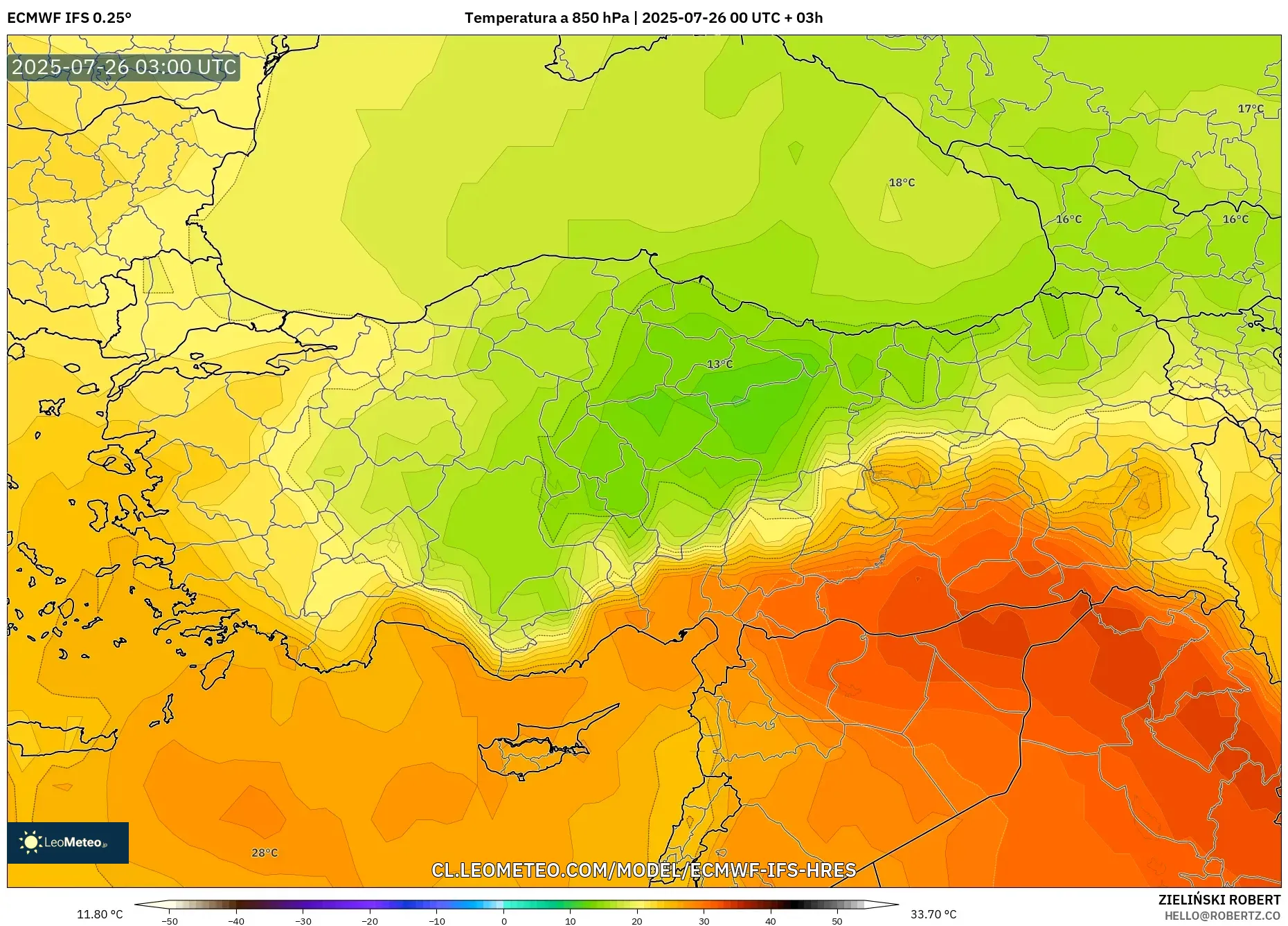 ECMWF IFS 0.25° model - Turquía, Temperatura a 850 hPa