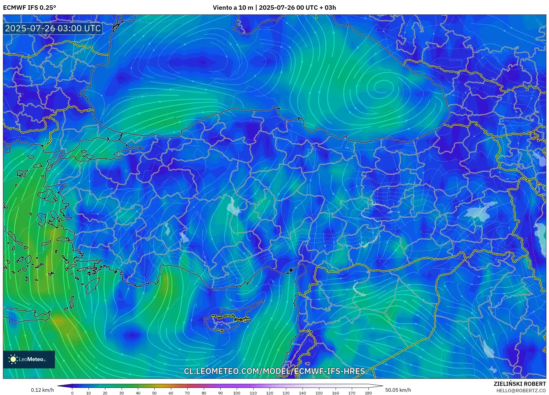 ECMWF IFS 0.25° model - Turquía, Viento a 10 m