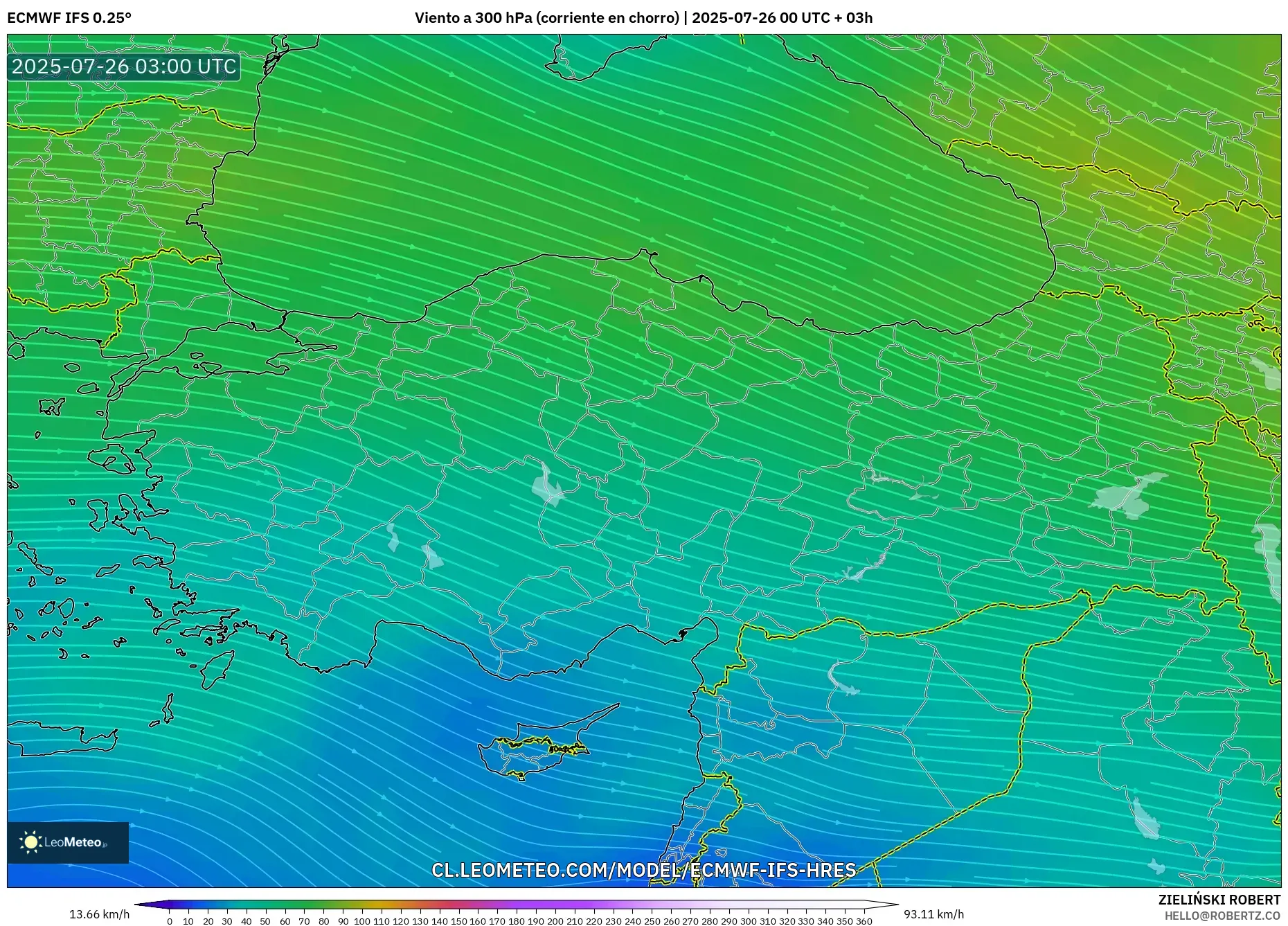 ECMWF IFS 0.25° model - Turquía, Viento a 300 hPa (corriente en chorro)